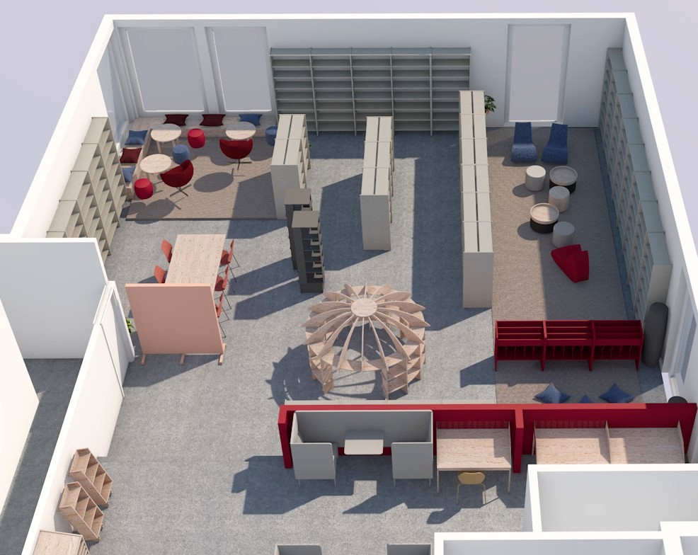 3D plantegning over Rindal Folkebibliotek