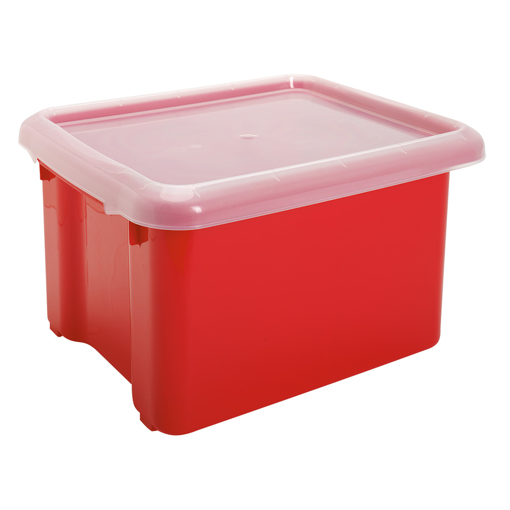 red plastic storage boxes with lids